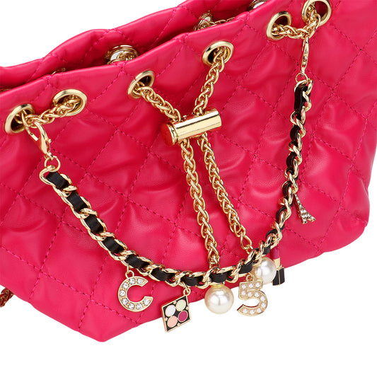 Designer Inspired- Charm Pearl Lipstick Chain Faux Leather MINI Bucket Bag- 2 COLORS AVAILABE!!