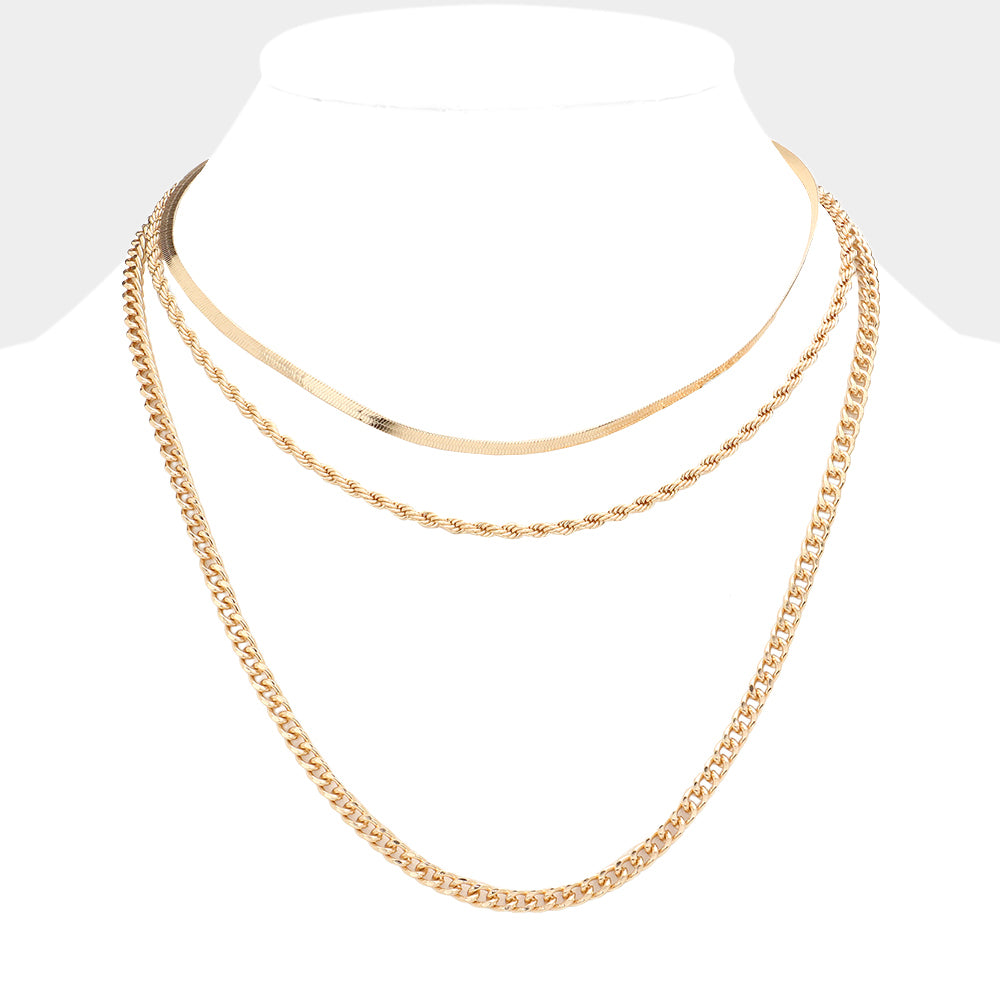 Gold Dipped Metal Chain Triple Layered Bib Necklace