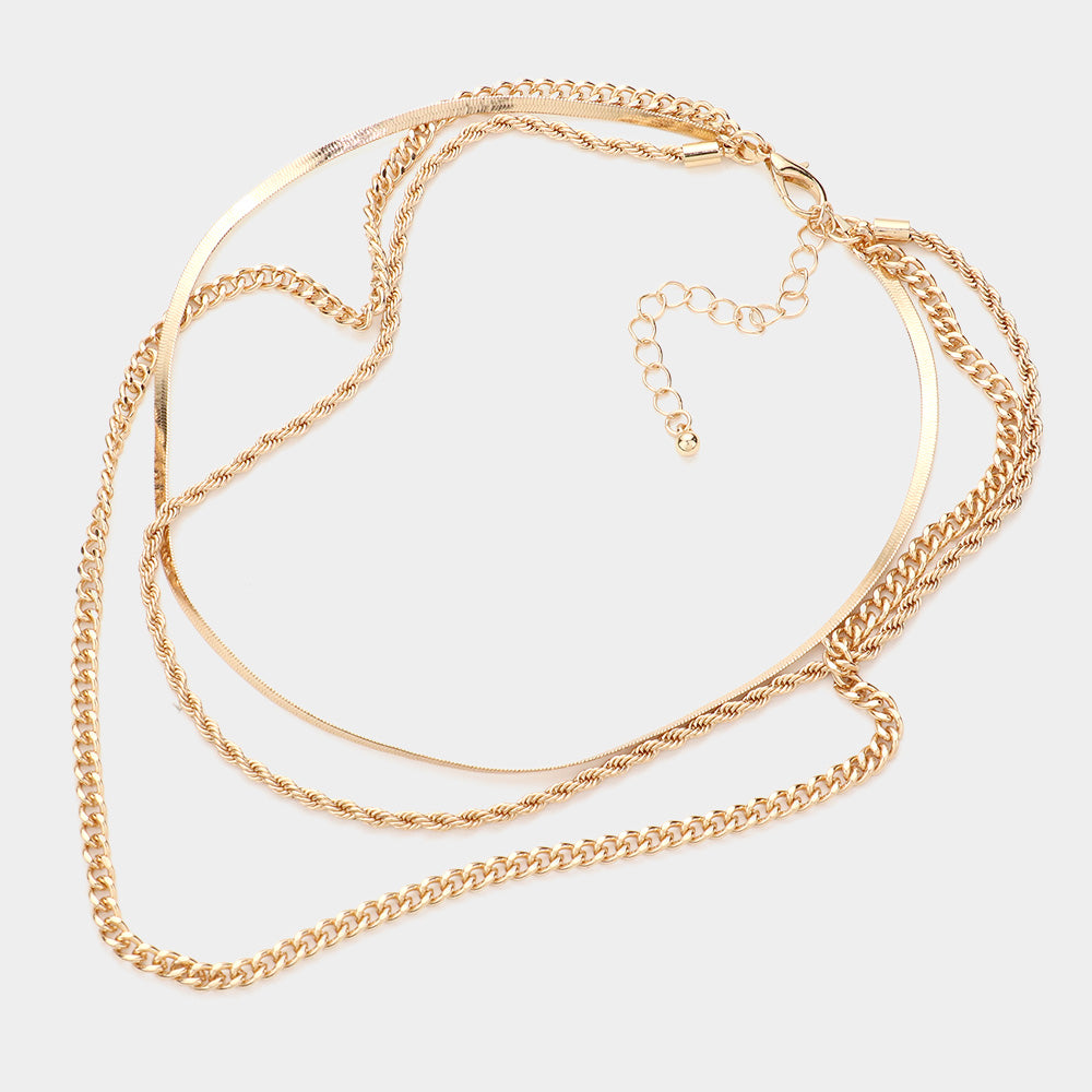 Gold Dipped Metal Chain Triple Layered Bib Necklace