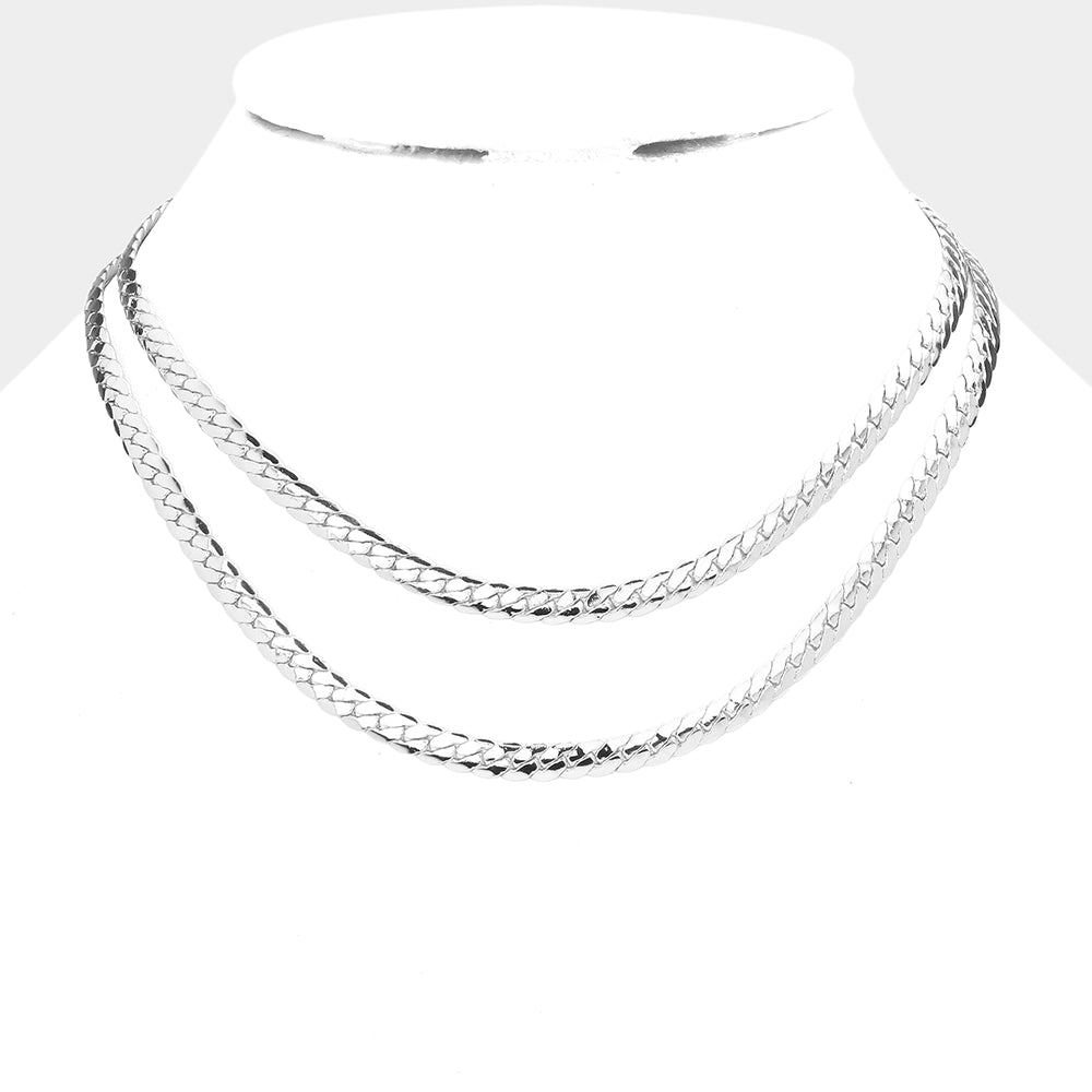 White Gold Dipped Metal Chain Double Layered Necklace